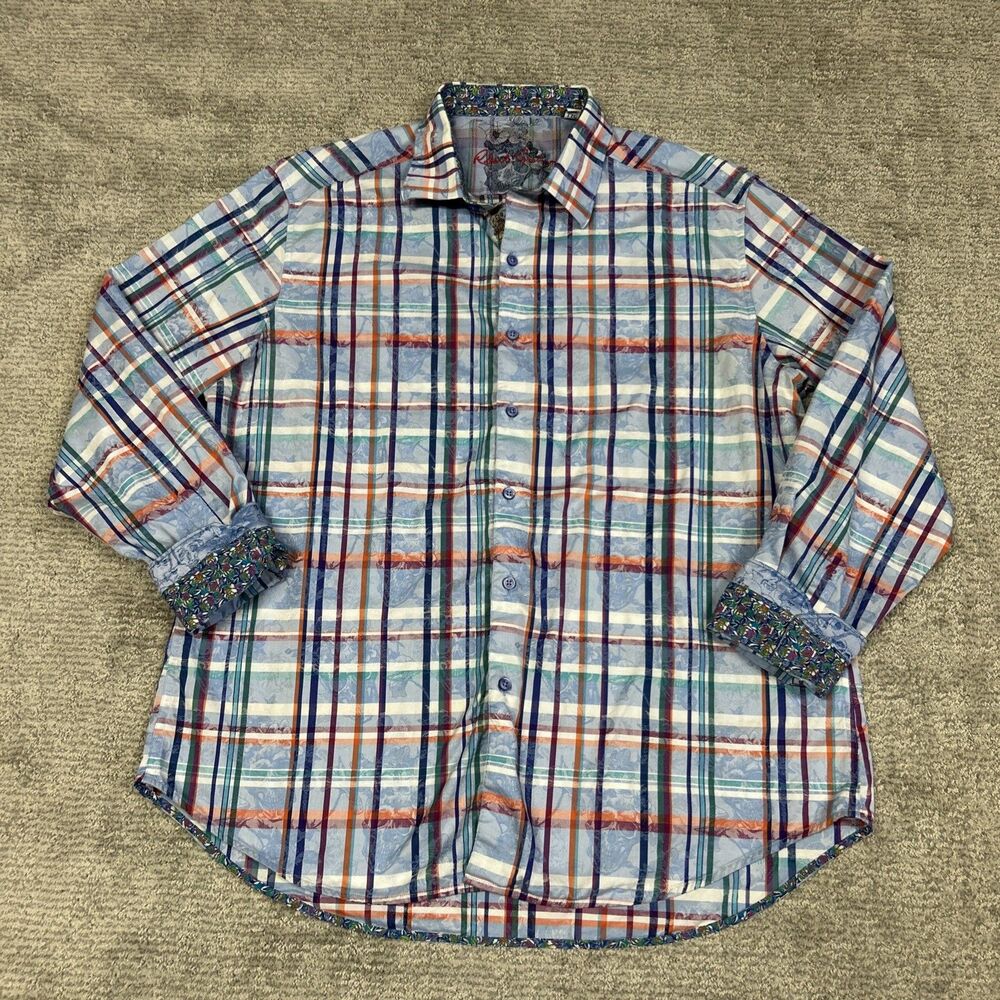 Robert Graham Shirt Mens 2XL Blue Plaid Skull Long Sleeve Button Up Flip Cuff
